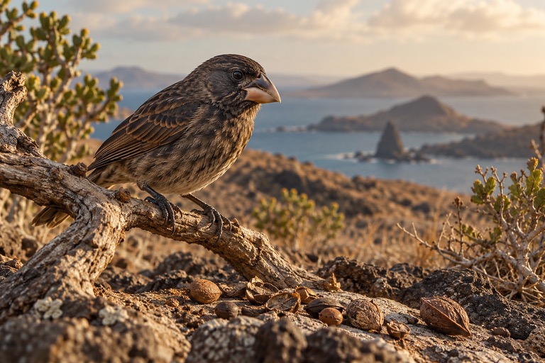 Artistic depiction of a finch on a branch in a dry landscape