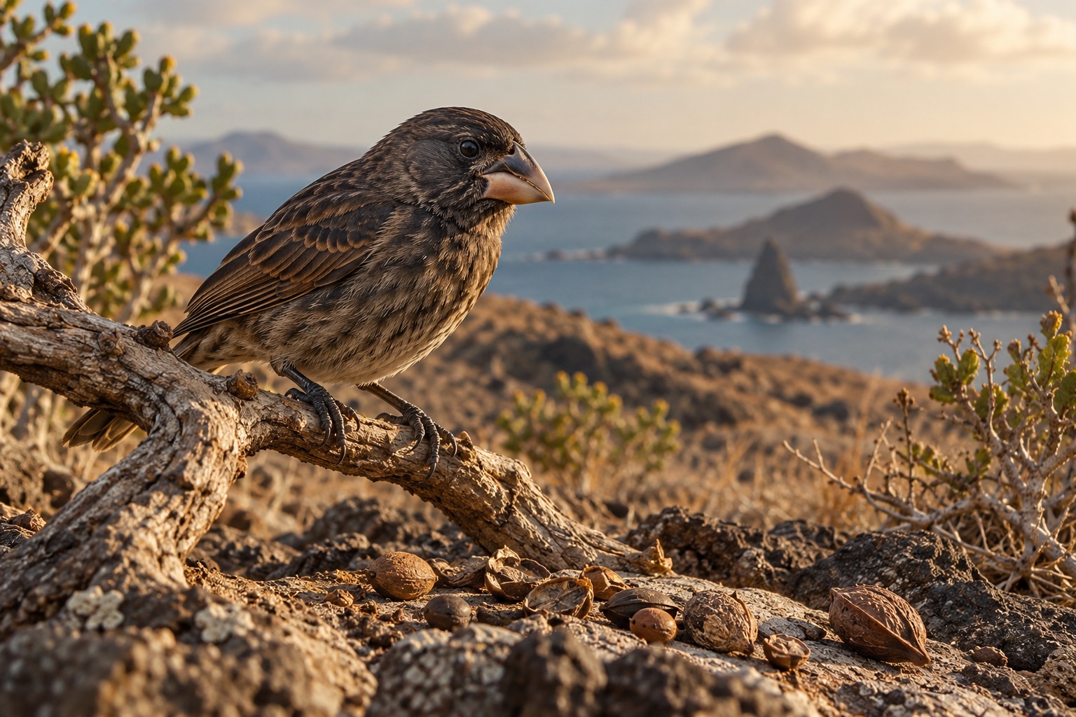 Artistic depiction of a finch on a branch in a dry landscape