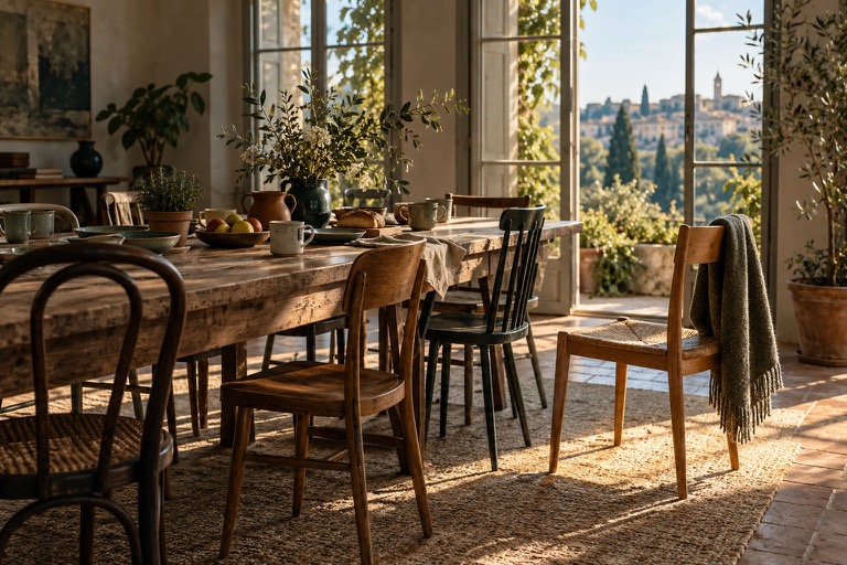 Artistic shared dining table with varied chairs as a metaphor for social attitudes.