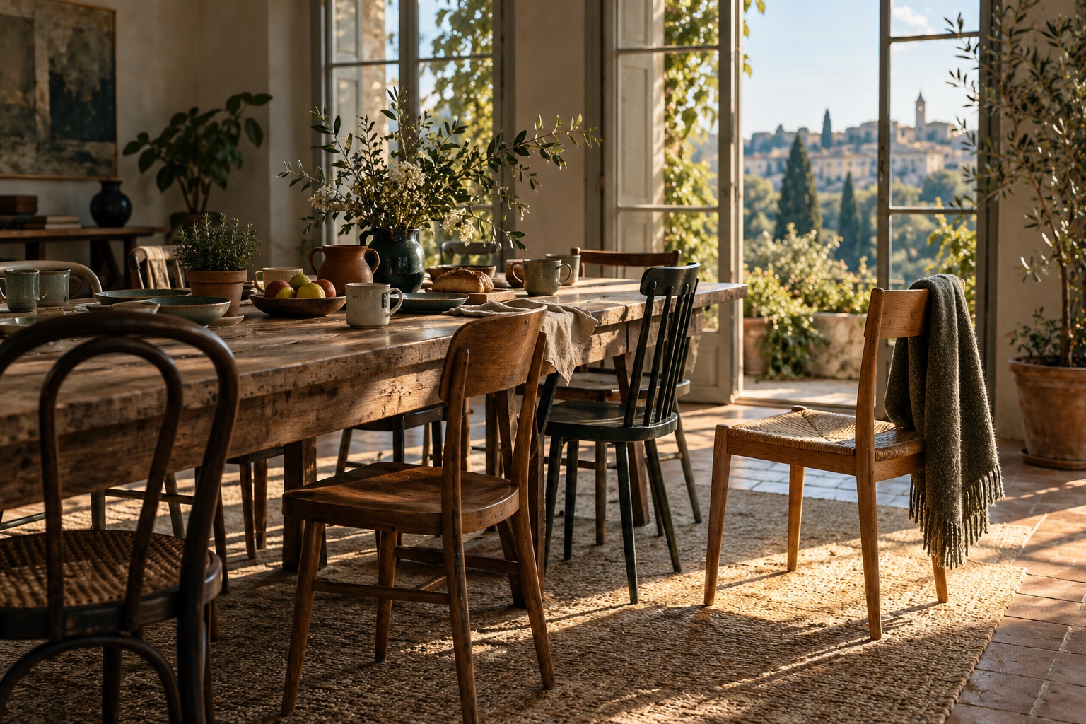 Artistic shared dining table with varied chairs as a metaphor for social attitudes.