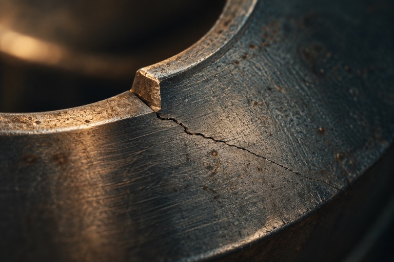 Artistically enlarged macro view of a crack in a metal surface