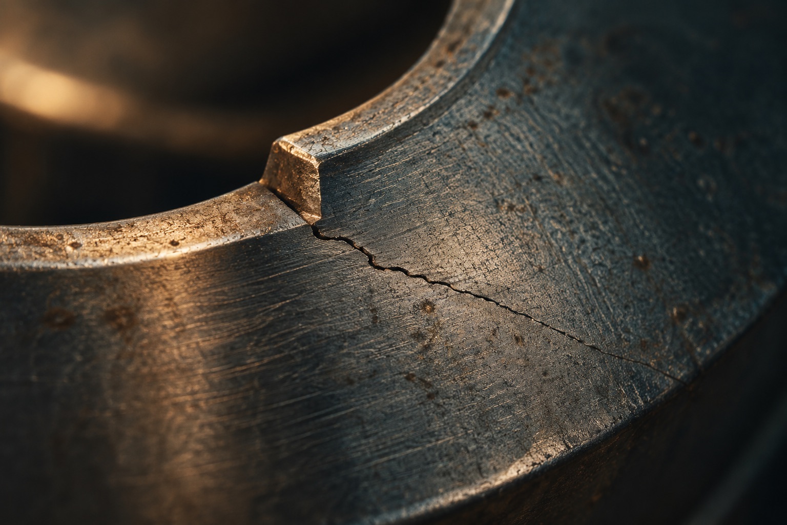 Artistically enlarged macro view of a crack in a metal surface