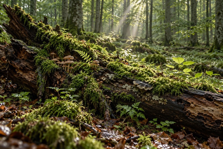 Artistic forest scene with a moss-covered fallen trunk and young plants