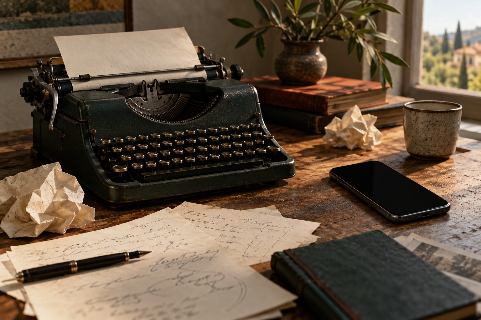 Artistic juxtaposition of a typewriter and a smartphone without readable text.