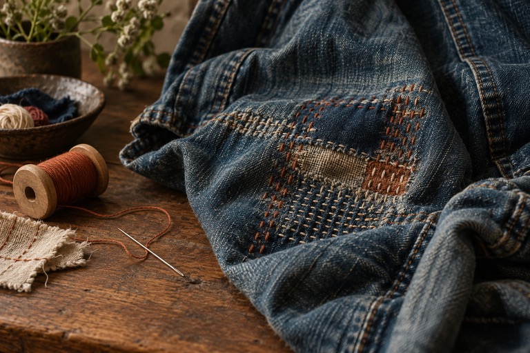 Artistic close-up of fabric with a clearly visible repair seam.