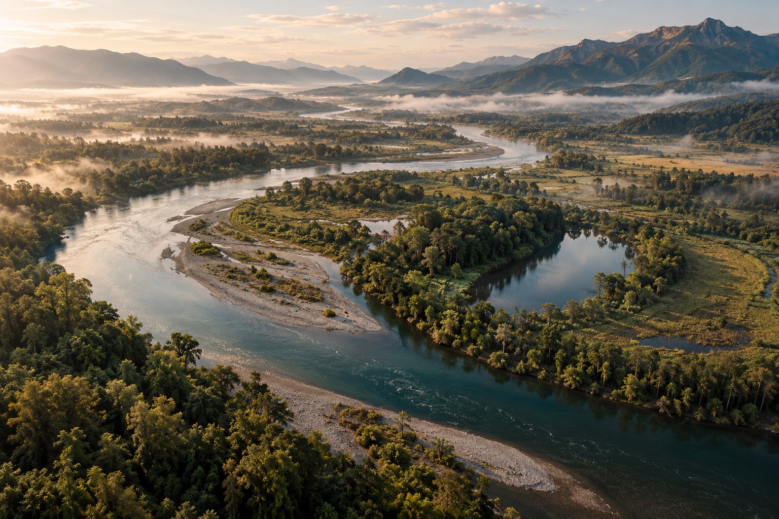 Artistic aerial view of a winding river, sandbars and an oxbow lake