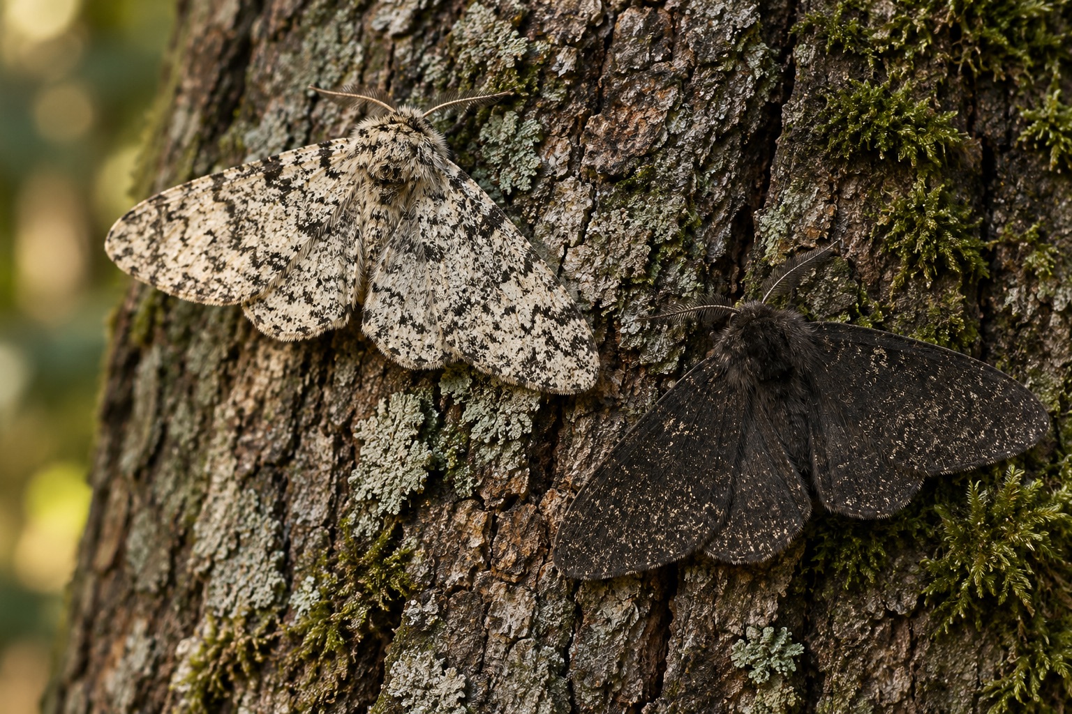 Artistic depiction of pale and dark peppered moths on tree bark
