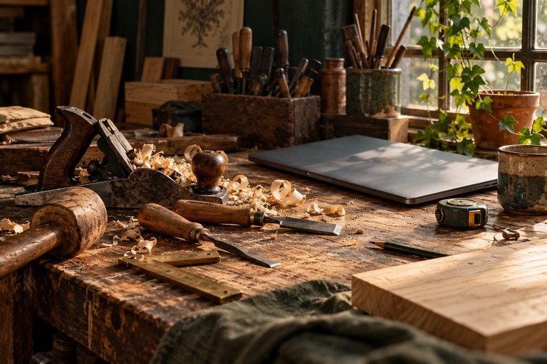 Artistic workshop desk with older tools and a contemporary computer.